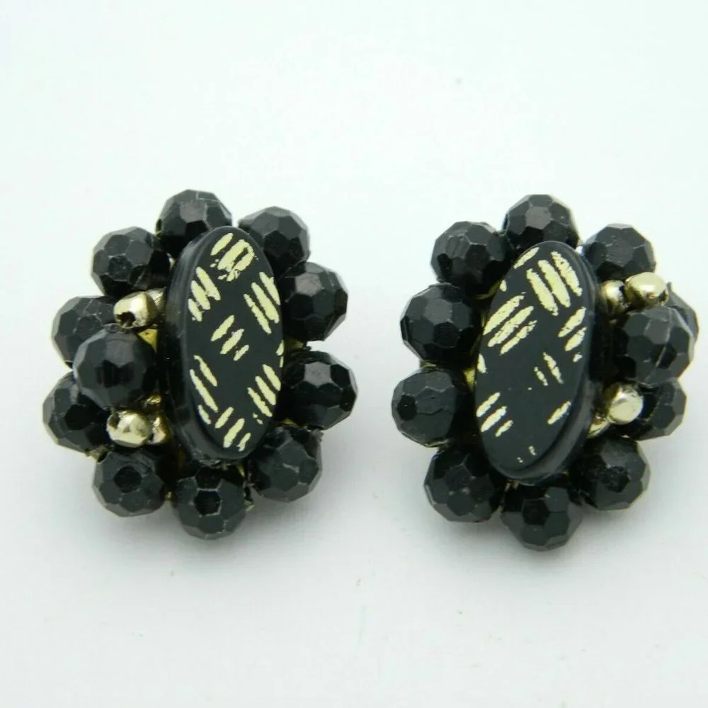 Hong Kong Black Gold Acrylic Bead Clip Earrings